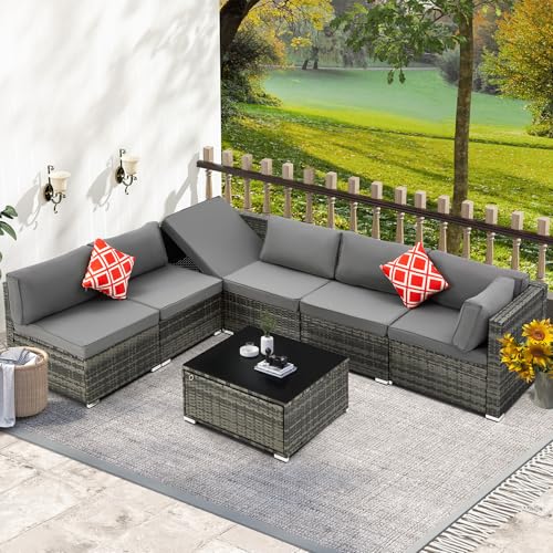HOMREST 7 Piece Patio Furniture Set with Adjustable Bracket All-Weather Wicker Conversation Set with Coffee Table for Porch Garden Backyard (Gray)