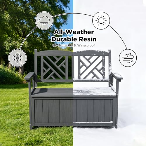 LLHHONGSHOPP 80 Gallon Outdoor Storage Bench Deck Box, Waterproof Weather Resistant Patio Bench with Armrests for Patio Garden and Porch, Large Capacity Storage Seat for Garden Tools, Cushions(Grey)