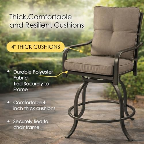 Kozyard Isabella Outdoor Swivel Bar Chairs Set of 2, Counter Height Patio Bar Stools with Cushioned Seats, Weather-Resistant Metal Bistro Chairs for Backyard Dining Beige