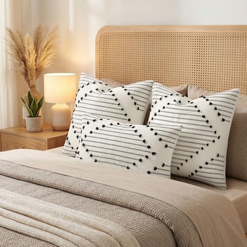 Mecatny Boho Summer Outdoor Throw Pillow Covers 18X18 Set of 2, Farmhouse Decorative Pillow Covers for Couch Sofa Living Room, Black & Cream White