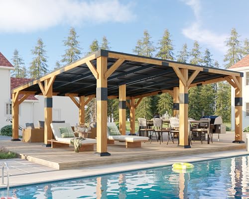 Jocisland 20' x 20' Cedar Wood Gazebo with Sloped Galvanized Steel Roof, Hardtop Gazebo Pavilion with Durable, Rot-Resistant Construction, Permanent Outdoor Pergola for Backyard, Garden & Deck