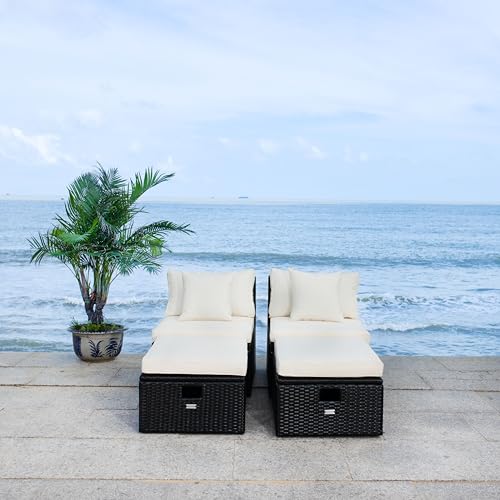 SAFAVIEH Outdoor - Pramla Settee and Ottoman Set - Black & Beige - Steel Frame with Cushion - Coastal Storage Design - Ideal for Patio, Deck, Porch, Backyard (PAT7515A)
