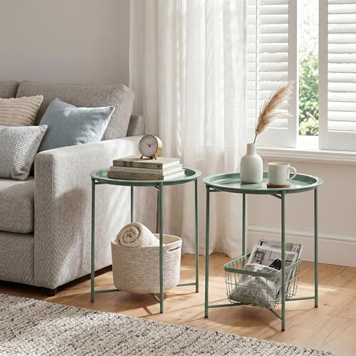 VECELO Side/End Table, Folding Round Metal Anti-Rust and Waterproof Outdoor or Indoor Tray for Living Room Bedroom Balcony and Office, 2 PCS, Dark Green