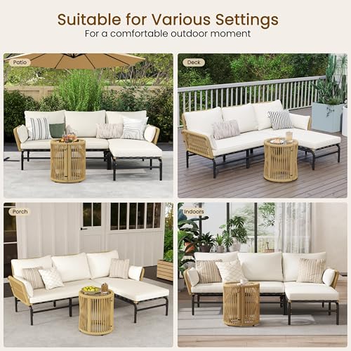 Yaheetech 3 Pieces L-Shaped Conversation Sofa Set, Outdoor Patio Furniture Set w/Detachable Lounger, Thick Cushions, Glass Side Table for Patio, Backyard, Porch, Garden
