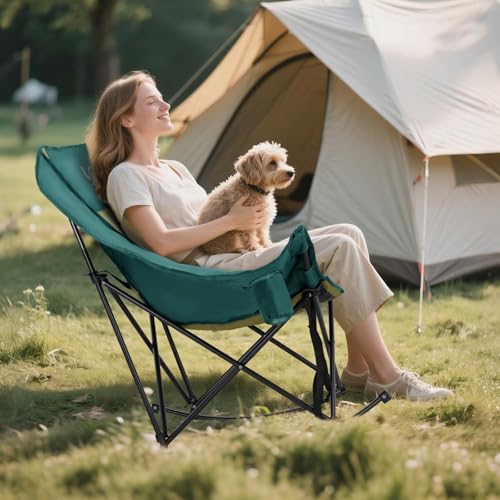 NAIZEA Folding Rocking Camping Chair, Portable Outdoor Rocker with Cooler Bag - 400lbs Capacity, 600D Oxford Fabric, Easy Fold Padded Rocker Chair for Patio, Lawn, Camping, Backyard, Beach