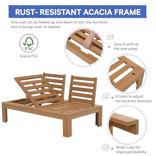 SUNSITT 6 Piece Acacia Wood Patio Furniture Outdoor Sectional Sofa Set with Adjustable Armrest, FSC Certified L-Shaped Patio Set w/2-in-1 Coffee Table, Cream White Cushions for Garden