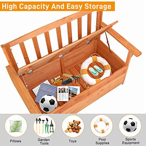 Outvita Outdoor Wood Storage Bench, Wooden Large Deck Box with Seating & Armrest, Waterproof Patio Organizer Loveseat for Garden Porch Deck Backyard Poolside, Natural
