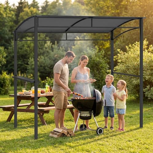 Tangkula 7ft Grill Gazebo, Patio Barbecue Canopy with Serving Shelf and Storage Hooks, Curved Grill Shelter w/Heavy-Duty Steel Frame Sunshade Awning for Outdoor Garden (Gray)