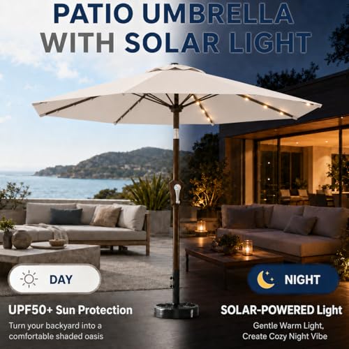 Patio Kingdom 11FT Solar Patio Umbrella with Lights, Outdoor Table Market Umbrella with 32 LED Lights, 8 Sturdy Ribs, Smooth Crank Lift for Pool, Deck and Garden, UV-Resistant, Beige