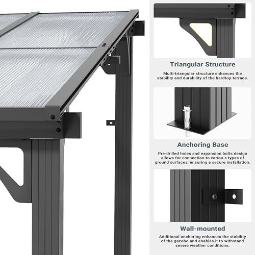 AirWire 10'x8' Wall-Mounted Lean to Gazebo with Aluminum Frame & Polycarbonate Panel, 8x10 FT Hardtop Pergola with Sloped Roof for Backyard, Porch, Deck