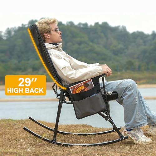 Romswi 2 Pack High Back Portable Rocking Chair with Hard Armrests, Oversized Folding Rocker Camping Chairs for Outdoor, Heavy Duty 400 lbs Patio Lawn Chairs