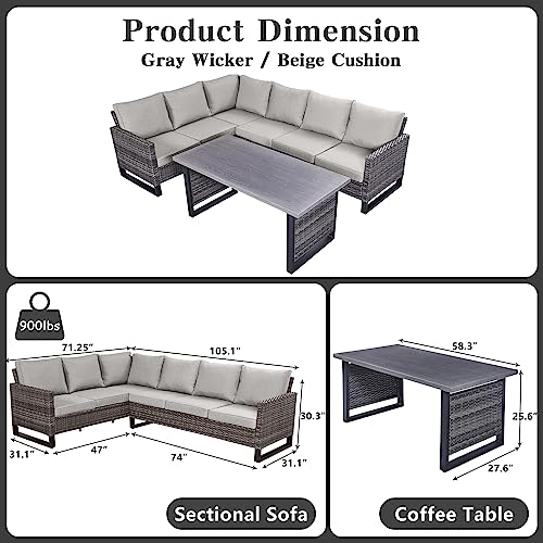 Belord Outdoor Sectional Sofa 6 Seater L Shaped Couch Wicker Patio Conversation Furniture Set with Tree-Grain Finish Metal Dining Table, Rattan Outdoor Furniture with Removable Washable Cushion Beige