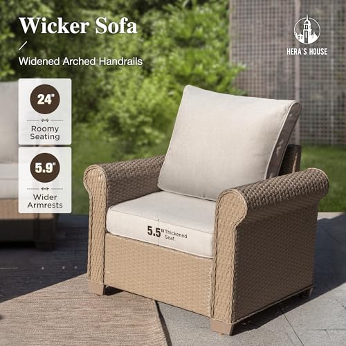 HERA'S HOUSE 6-Piece Patio Furniture Set, All Weather 7 Seats Outdoor Wicker Sofa with Ottomans, Rattan Patio Conversation Set with 5.5" Cushions and 44" Coffee Table, Beige