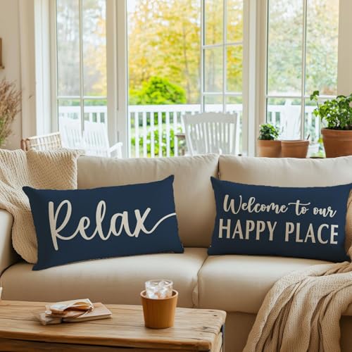 HERHOME Welcome to Our Happy Place Relax Decorative Throw Pillow Covers 12x20 Set of 2 Navy Blue Outdoor Rustic Farmhouse Porch Decor Lumbar Cushion Case Decoration for Home Sofa Couch Living Room