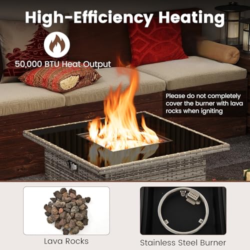 Tangkula 32.5 Inch Propane Fire Pit Table, Outdoor Rattan Gas Firepit with Tempered Glass Tabletop & Stainless Steel Burner, Square Fire Pit with Lava Rocks & Protective Cover for Outside Patio