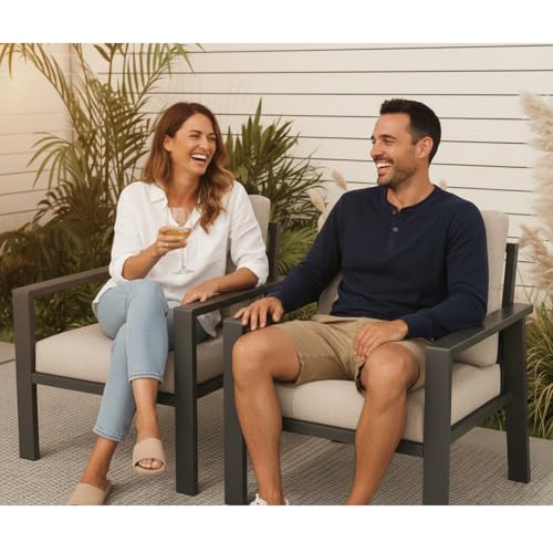 VONZOY Outdoor Sofa Chair Aluminum Patio Couch Set of 2 All-Weather Patio Sofa Armchair Furniture Set Chairs with Beige Cushions