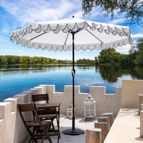 Funsite 9Ft Elegant Valance Patio Umbrella, Outdoor Umbrellas for Patio with Tilt and Crank Systerm, Table Umbrella for Outdoors, Poolside,Beach, Backyard, White