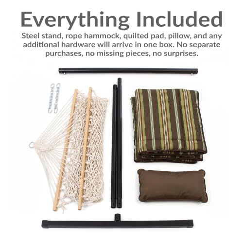 Sunnydaze Rope Double Hammock with Stand for Outside - Heavy Duty Freestanding Portable Outdoor Hammock Set with Quilted Pad, Pillow, and 12-Foot Steel Frame - 450 lb Capacity - Desert Stripe