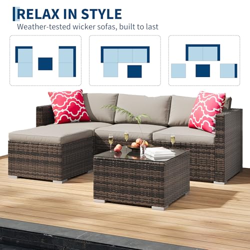GAOMON 5-Piece All-Weather Patio Furniture Set, Convertible Outdoor Sectional Sofa with Ottoman & Tempered Glass Table, PE Rattan Conversation Set for Garden, Backyard, Porch, Poolside