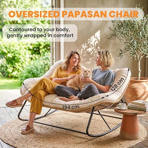 Outsunny Double Papasan Rocking Chair, Wicker Oversized Indoor Outdoor Rocking Papasan Chair with Cushion, PE Rattan Outdoor Rocker Egg Chairs for Living Room, Garden, Patio, Balcony, Cream White