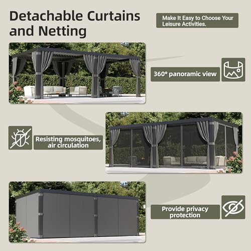 Airwire 12'x20' Louvered Pergola, Outdoor Pergola with 2 Independent Adjustable Roof and Drainage System, Aluminum Pavilion with Curtains & Netting, Hardtop Gazebo for Patio, Deck, Garden, Gray