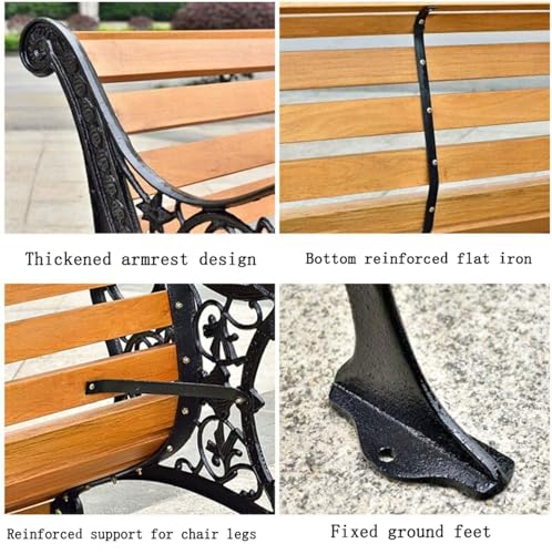 Outdoor Solid Wood Garden Park Bench for 2-3 People, Weatherproof Patio Lawn Bench Porch Seat with Cast Iron Frame, Porch/Deck/Patio Furniture Bench with Backrest and Armrests(Brown+Antique Green Legs