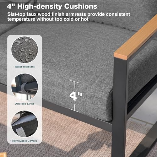 COMLAX FIELD Patio Furniture Set, 4 Pieces Outdoor Patio Furniture with Coffee Table Set, Metal Patio Conversation Sets with Washable and High-Resiliency Sponge Cushions,Upgarded Grey