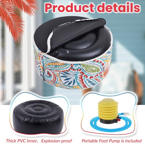 Juexica 2 Pack Inflatable Outdoor Ottoman Pouf Waterproof Round Footrest with Handle D21 x H9 Inch Indoor Outdoor Portable Footstool Pouf for Patio Garden Camping or Home Pool(Boho)