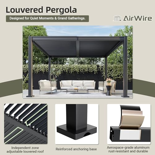 AirWire 10x12 FT Louvered Pergola, Outdoor Pergola with 2 Independent Adjustable Roof and Drainage System, Metal Patio Pavilion, Hardtop Gazebo for Patio, Deck, Garden, Dark Gray