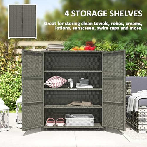 Outsunny Wicker Outdoor Storage Cabinet with Shelves, 4-Shelf Outdoor Pool Towel Cabinet with Two Doors, Rattan Patio Storage Shelves for Garden, Backyard, Porch, Dark Gray