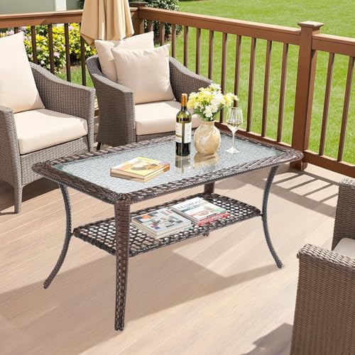 VINGLI Outdoor Coffee Table with Storage Wicker Patio Coffee Table, Tempered Glass Top Coffee Table for Patio Outside Balcony Porch Deck (Brown)