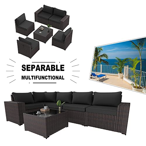 Kullavik Outdoor Patio Furniture Set 6 Pieces Sectional Rattan Sofa Set Brown PE Rattan Wicker Patio Conversation Set with 5 Seat Cushions and 1 Tempered Glass Table,Black
