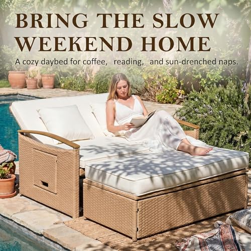 Ancelny Boho Outdoor Daybed, Natural Rattan Patio Loveseat with Storage Ottoman & All-Weather Plastic Wood Armrests, 1-Box Delivery Double Chaise Lounge w/Weather-Resistant Cushions,Beige
