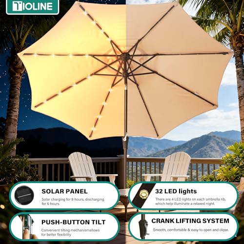 Tioline 9FT Solar-Powered LED Patio Umbrella with Tilt Crank,Outdoor Market Umbrella with 32 Lights,Sunshade for Deck, Garden and Pool,Beige