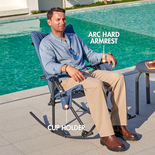 Portal Folding Rocking Camping Chair Outdoor, Thick Padded Rocking Recliner Chair Portable Camping Rocker for Patio Front Porch Backyard Lawn Living Room, Supports 400 LBS, Blue