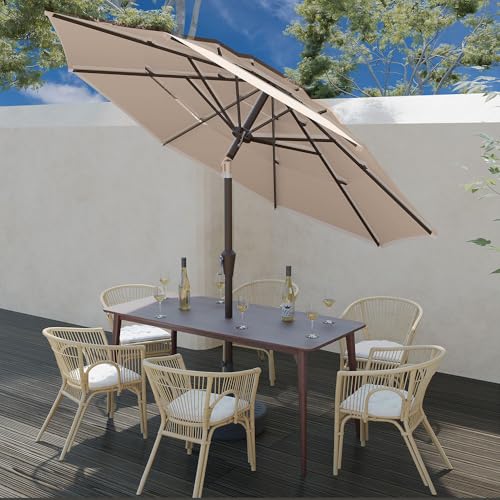 Patio Kingdom 10FT Patio Umbrella 3 Tiers Outdoor Market Umbrella w/Push Button Tilt, Crank, UV and Waterproof Table Umbrella for Garden, Pool, Backyard, Deck, Lawn, Beige