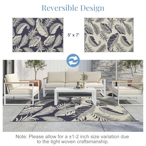 OPPODREAM Reversible Outdoor Rug 5x7, Waterproof Outdoor Plastic Straw Rug for Patio, Tropical Leaf RV Camping Rugs for Outside, Deck, Balcony, Porch, Backyard, Camping, Rv, Navy and Cream White