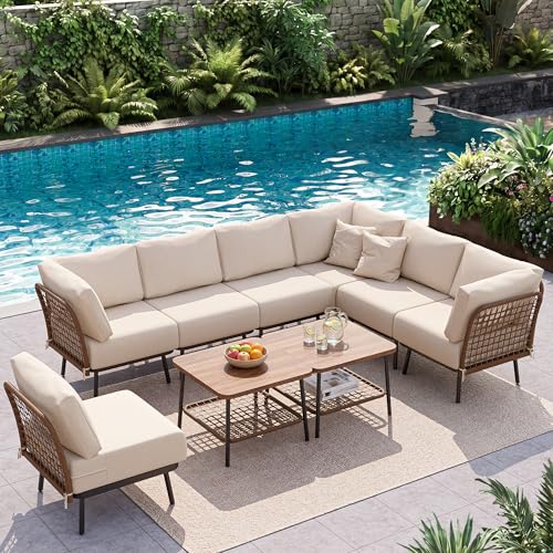 Mugovelo 9-Piece Patio Conversation Sets, Rattan Outdoor 7-Seat Sectional Sofa, Wicker Modular Furniture with 2 Storage Coffee Tables for Backyard, Garden, Porch