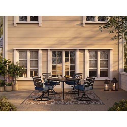 Hanover Montclair 5-Piece Outdoor Dining Set with Stamped Steel Square Dining Table and 4 Swivel Rocker Chairs with Cushions, Weather-Resistant Patio Dining Set for 4, Patio, Backyard, Deck