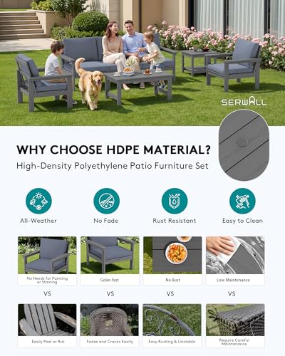 SERWALL HDPE Patio Furniture Set, 7-piece Outdoor Sectional Sofa Set, All Weather Outdoor Couch Set for Deck, Lawn, Grey Frame with Grey Cushion