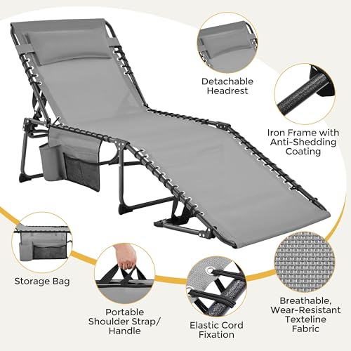 Yaheetech 26.4" Outdoor Folding Tanning Chair, Chaise Lounge Chairs with 5 Back Position Adjustable, Extended Portable Lounger for Beach, Patio, Gray