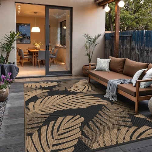 GENIMO Waterproof Outdoor Rug 9' x 12' for Patio Decor, Reversible Plastic Straw Area Rugs for Camping Clearance, RV Mat, Large Outside Carpet for Porch, Deck, Picni, Balcony, Garden, Black & Brown