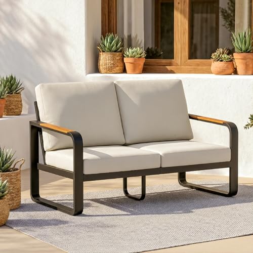 Tribesigns Outdoor Loveseat with Tall Back & Oversized Seat, Modern Metal Frame Patio 2-Seater Sofa with 6'' Thick Cushions, All-Weather Conversation Sofa for Backyard, Porch, Balcony, Poolside, Beige
