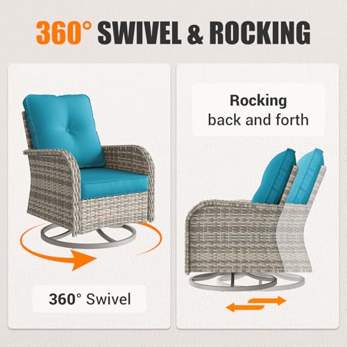 Muphyers 15-Piece Outdoor Patio Furniture Set with Rocking Swivel Chair Wicker Sectional Sofa Set, Patio Conversation Set with Thickened Cushions & Coffee Table for Garden, Backyard, Turquoise