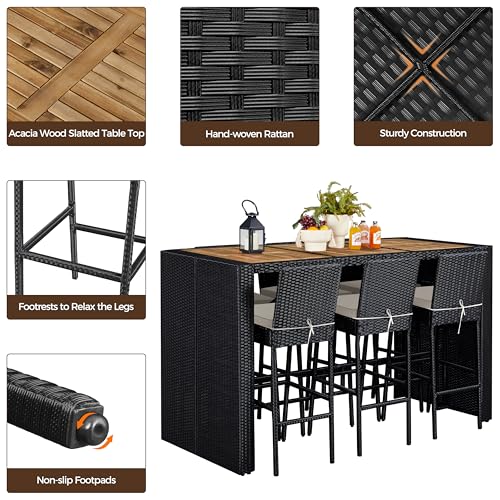 Yaheetech 7 Piece Patio Dining Set Outdoor Acacia Wood Bar Table and Chairs with Removable Cushions, Wicker Furniture Set for Deck, Backyard, Garden, Black/Beige