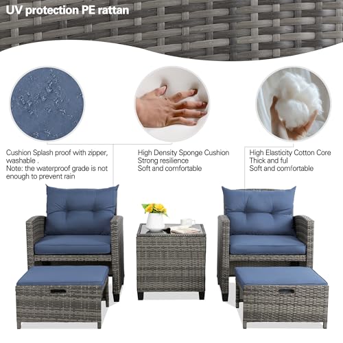 Vongrasig 5 Piece Patio Furniture Set, Small Balcony Furniture, PE Wicker Rattan Patio Chairs Set of 2, Outdoor Lounge Chairs with Cushions Ottomans &Glass Table for Porch Garden(Navy Blue)