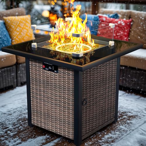 Propane Fire Pit Table, Outdoor Fire Pit Table, 28" Rattan Square Outdoor Gas FirePit with Glass Wind Guard, Tempered Glass Tabletop, Lid, CSA Listed, 50,000 BTU, Outside Patio Deck & Garden, Brown