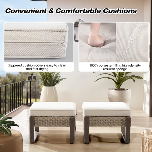Joyside Outdoor Patio, All-Weather PE Rattan Ottomans Footstools with Removable Cushions & Anti-Rust Wood-Looking Legs for Garden, Backyard, Porch, Deck (Beige)