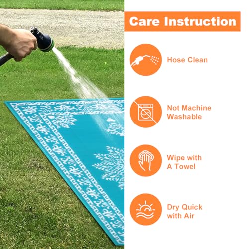 Outdoor Rug 5x8 Ft, Waterproof Plastic Straw Patio Rug, Reversible Backyard Carpet UV Resistant Portable RV Mat Clearance, Large Indoor Outdoor Rug for Patio, Porch, Deck, Balcony, Teal