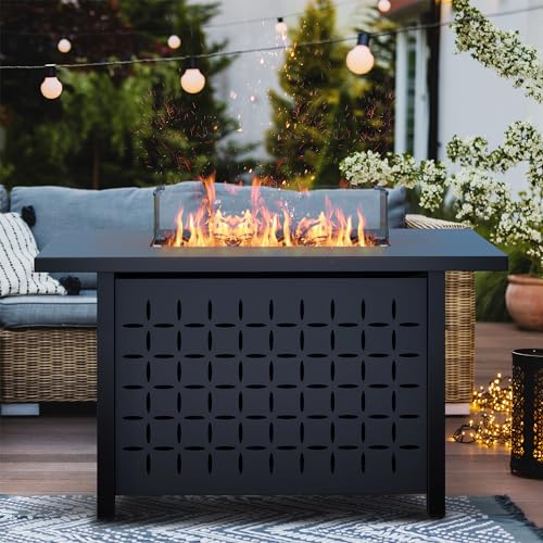 Vongrasig 8 Pieces Patio Furniture Set with 43" Fire Pit, Outdoor Couch Sectional Set, Small Conversation Set, 50,000 BTU Gas Fire Pit Propane Fire Table with Lid, Beige